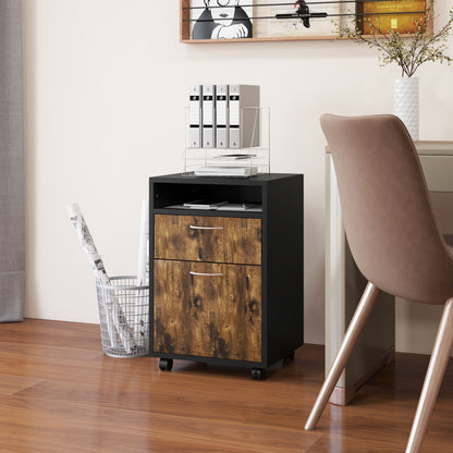 HOMCOM 60cm Filing Cabinet with Drawer, Open Shelf, Metal Handles and 4 Wheels, Office Home Organiser Mobile Printer, Rustic Brown 