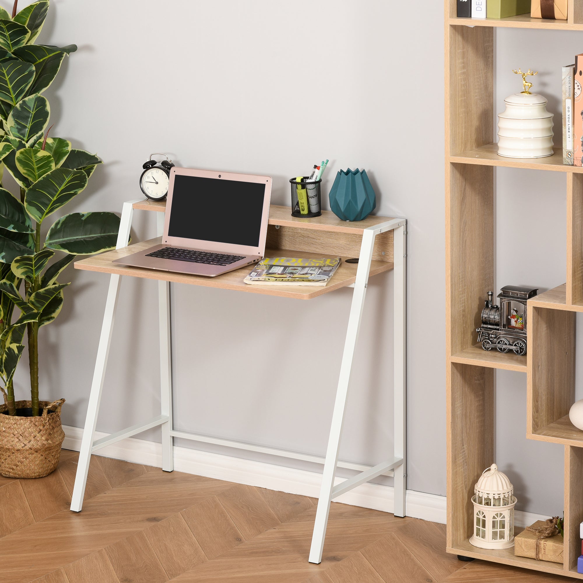 HOMCOM Writing Desk Computer Table Home Office PC Laptop Workstation Storage Shelf 84L x 45W cm White and Oak 