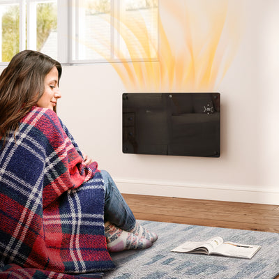 HOMCOM Electric Heater Wifi Smart App, 1500W Glass Panel Heater Radiator, Freestanding or Wall Mounted Convector Space Heater with LED Display, 24Hr 7 Day Timer, Adjustable Thermostat, Remote Control 