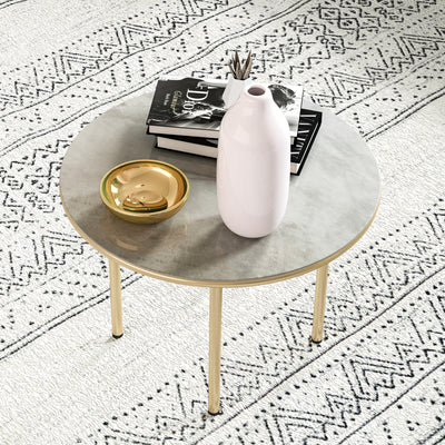 Outsunny Round Small Garden Table, 60cm Outdoor Side Table with Faux Marble Tempered Glass Top, Steel Frame for Garden Patio Balcony, Beige 