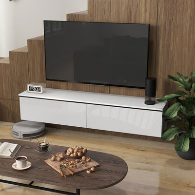 HOMCOM 160cm High Gloss Floating TV Unit Stand for TVs up to 70", Wall Mounted TV Cabinet with Storage Cupboards, White 