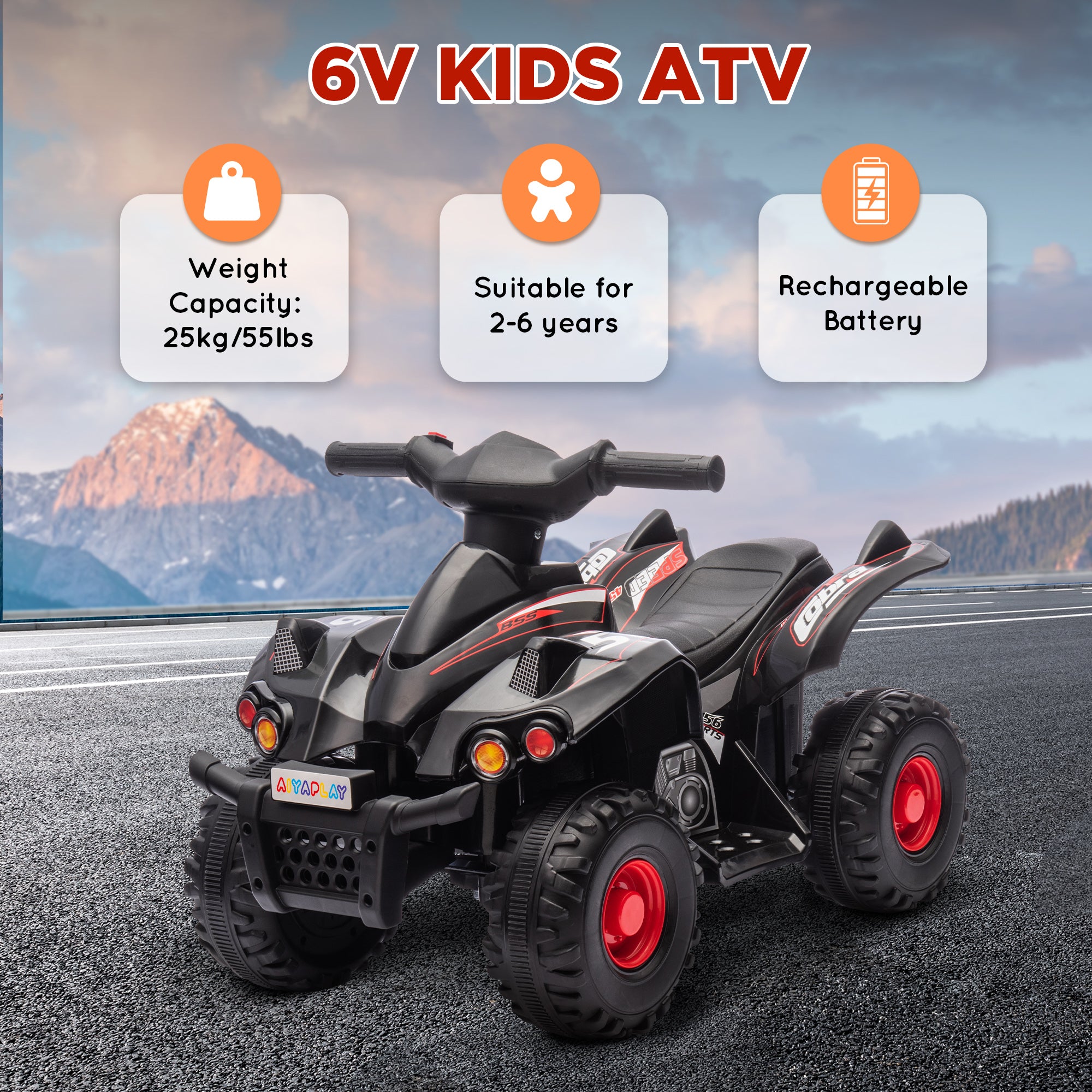 AIYAPLAY 6V Kids Electric Quad Bike w/ Music, Forward Function, for 2-6 Years, Black 