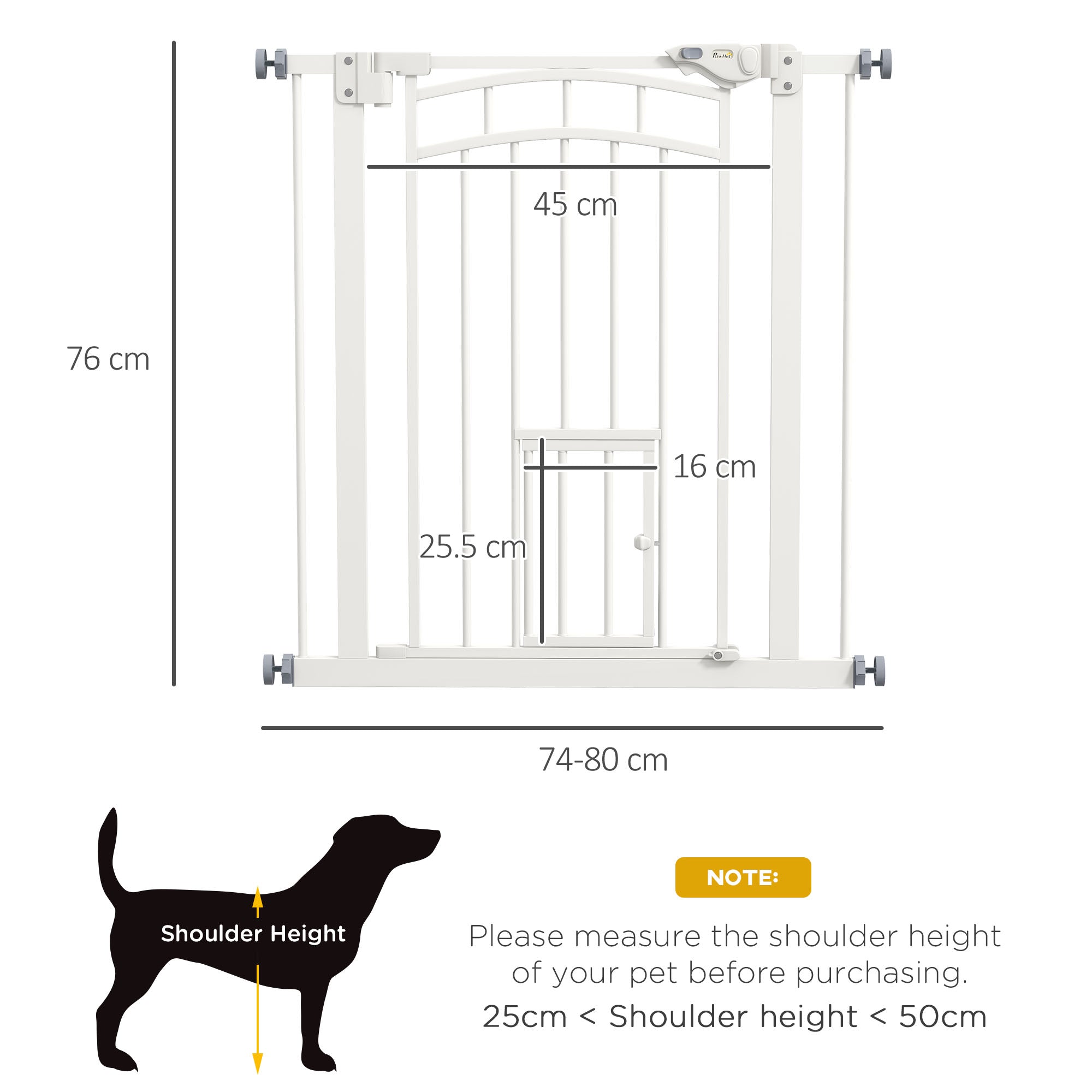 PawHut Pressure Fit Stair Gate, Dog Gate w/ Small Cat Door, Auto Closing System, Double Locking Openings, 74-80cm - White 