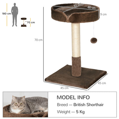 PawHut Small Cat Tree for Indoor Cats with Sisal Scratching Post Kitten Bed Cushion Ball Toy, Brown, 45x45x70 cm 