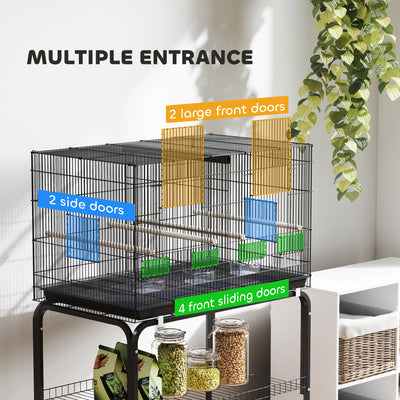 PawHut Bird Cage with Divider, 4 Wooden Perches, Slide Out Tray, 4 Feeders, for Budgie, Lovebird, Canary, 76 x 46 x 116cm Black 