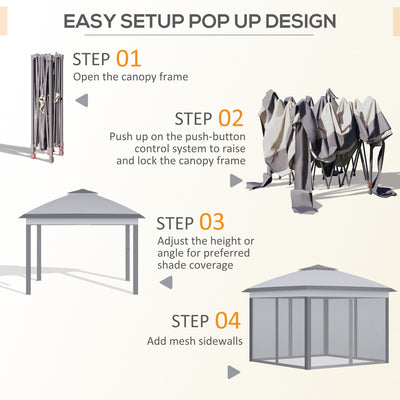 Outsunny 3.3 x 3.3m Pop Up Gazebo, Double Roof Foldable Canopy Tent with Zipped Mesh Sidewalls, Height Adjustable and Carrying Bag, Event Tent for Patio Garden, Grey 