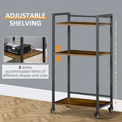 HOMCOM 3-Tier Printer Stand, Utility Cart, Rolling Trolley with Adjustable Shelves with Lockable Wheels for Home Office, Rustic Brown 
