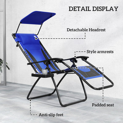 Outsunny Zero Gravity Lounger Chair, Folding Reclining Patio Chair with Shade Cover, Padded Seat, Cup Holder, Soft Cushion and Headrest for Poolside, Camping, Blue 