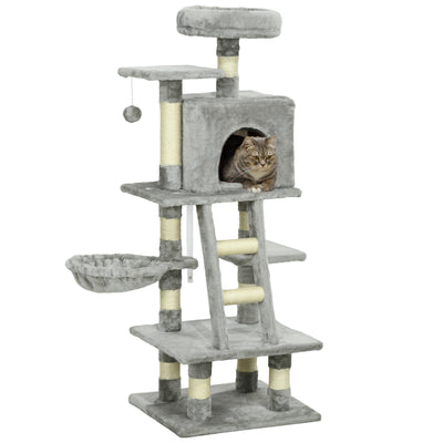 PawHut 132cm Cat Tree with Scratching Post, House, Hammock, Toy Balls - Grey 