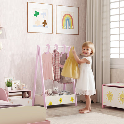AIYAPLAY Baby Clothing Rack with Hangers, Storage Shelf for Bedroom, Star Theme, for Ages 3-6, Pink 