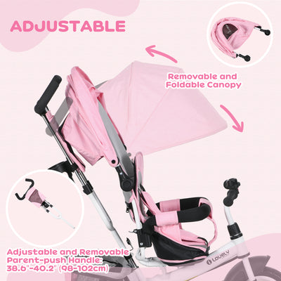 HOMCOM 6 in 1 Kids Trike with Parent Handle, Canopy, 5-point Safety Belt, Storage, Footrest, Brake, for 1-5 Years, Pink 