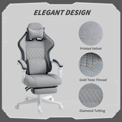 HOMCOM Ergonomic High Back Gaming Chair for Adults, Printed Velvet Computer Recliner Chair with Footrest, Lumbar Support, Adjustable Height and 360° Swivel Seat for Office or Gaming, Grey 