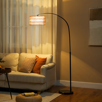HOMCOM Rattan Floor Lamp for Living Room, Farmhouse Arc Standing Lamp with Dual-Layer Shade & Foot Switch, Height Adjustable Minimalist Tall Pole Lampshade for Bedroom, Office, Black 
