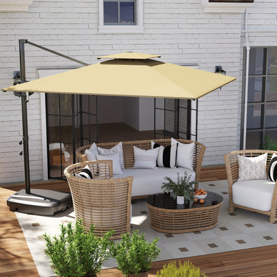 Outsunny Cantilever Parasol with Weighted Base Double Top Garden Parasol Square Hanging Patio Umbrella with Crank Tilt Khaki 