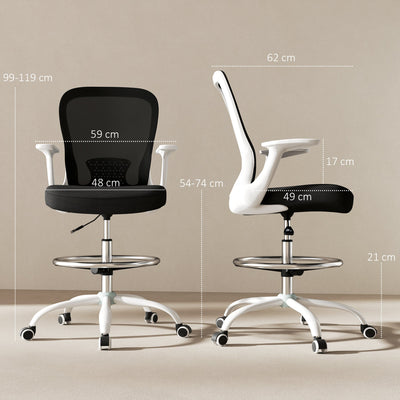 HOMCOM Draughtsman Chair, Mesh Drafting Chair, Ergonomic Office Chair with Flip-up Armrest, Adjustable Foot Ring, Black White 