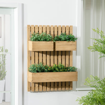 Outsunny Wall-mounted Wooden Garden Planters with Trellis, Drainage Holes and 3 Planter Boxes for Patio, Natural 