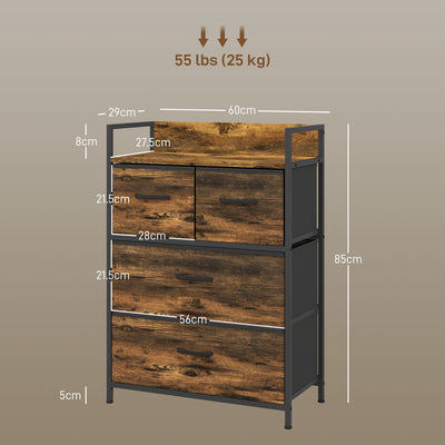 HOMCOM Rustic Chest of Four Fabric Drawers - Rustic Brown 