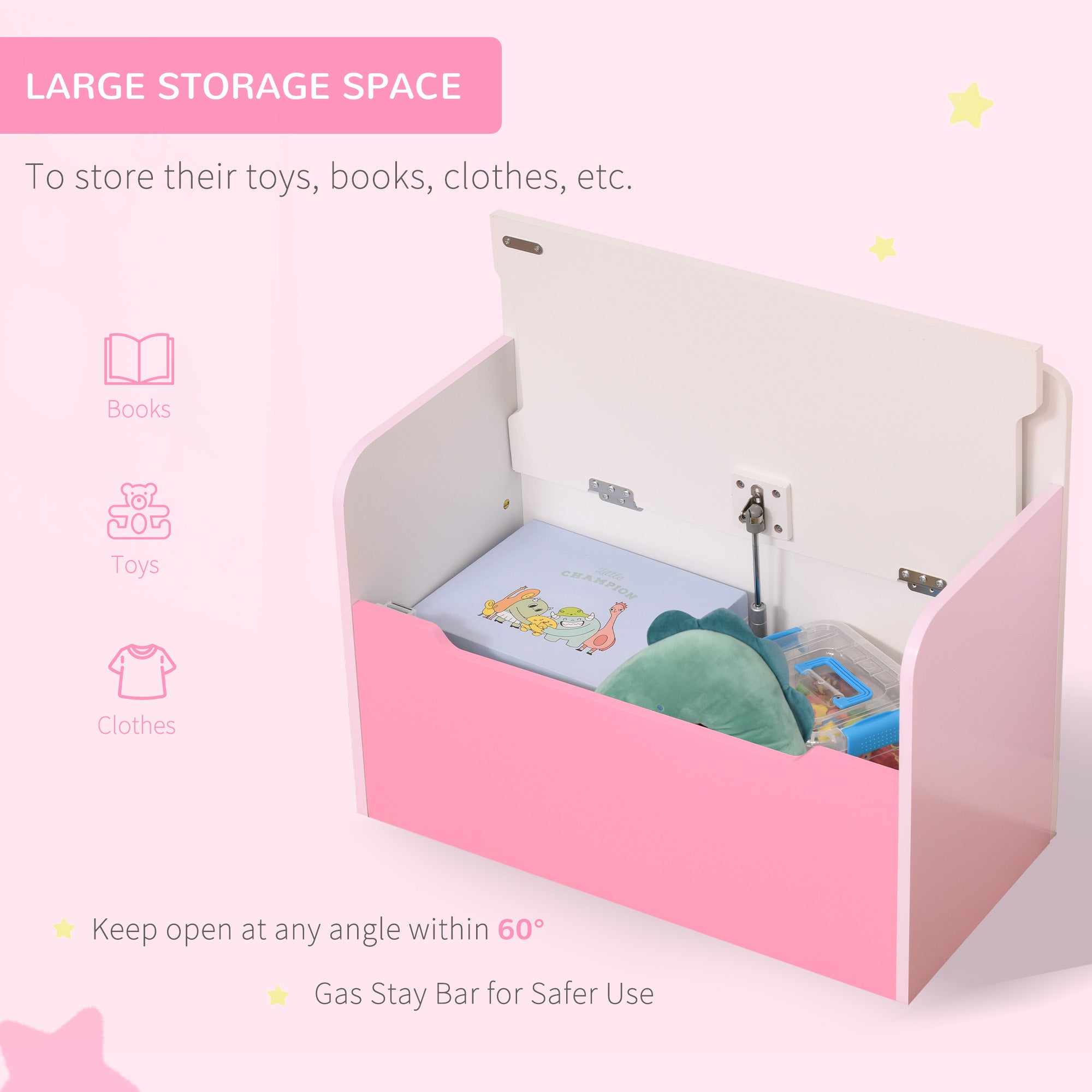 HOMCOM Kids Wooden Toy Box Children Storage Chest Bench Organiser Safety Hinge Bedroom Playroom Furniture Pink 