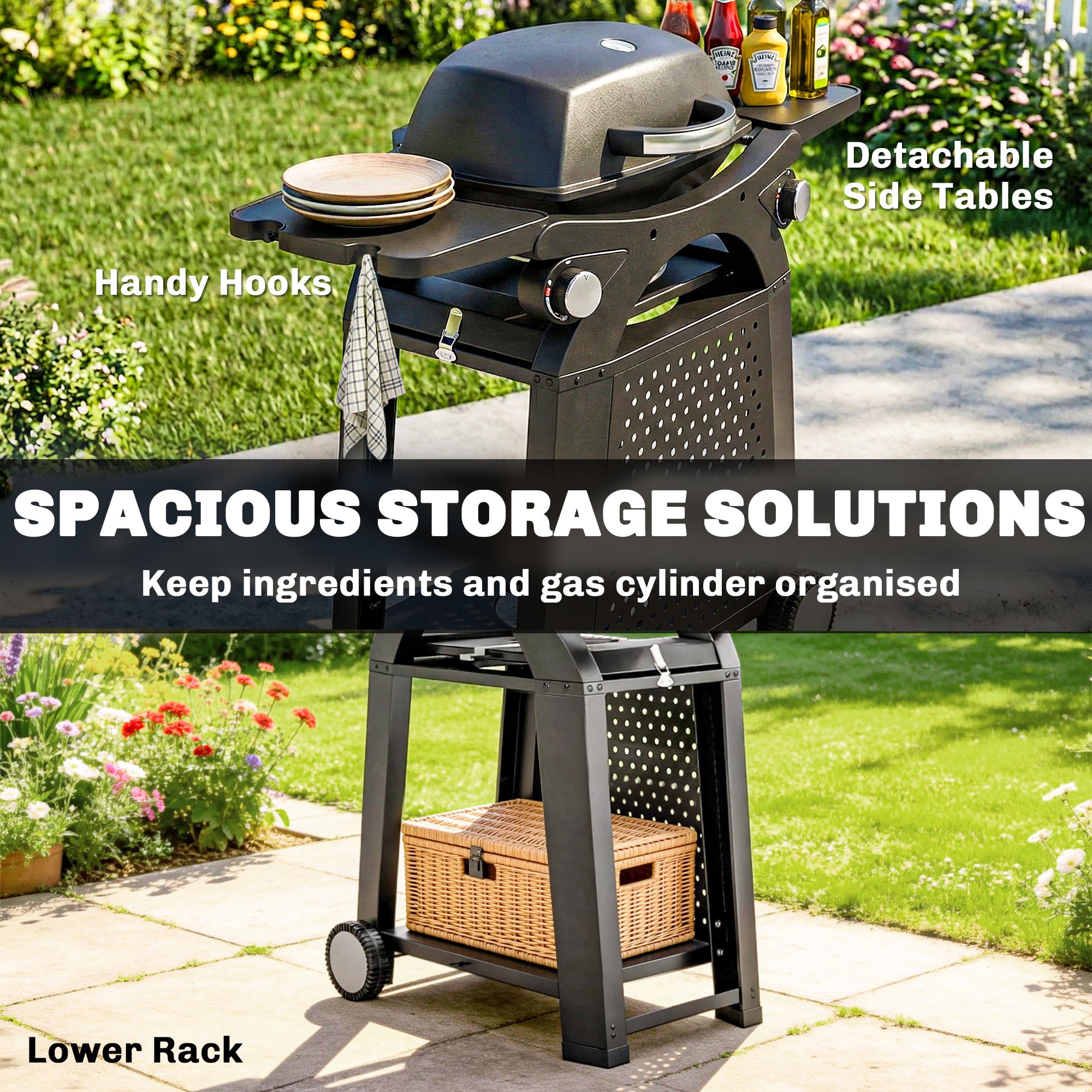 Outsunny 2 Burner Gas Grill with 2 Side Tables, 3.8 KW Barbecue Grill with Cast Iron Grates, 2-in-1 Tabletop BBQ with Wheels 