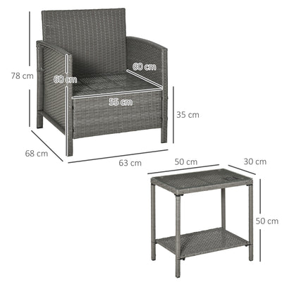 Outsunny 3 Pieces Rattan Bistro Set, Wicker Garden Furniture Set, Glass Top 2-tier Coffee Table and Chairs Set with Pillows and Washable Cushions for Outdoor, Patio, Balcony, Light Grey 