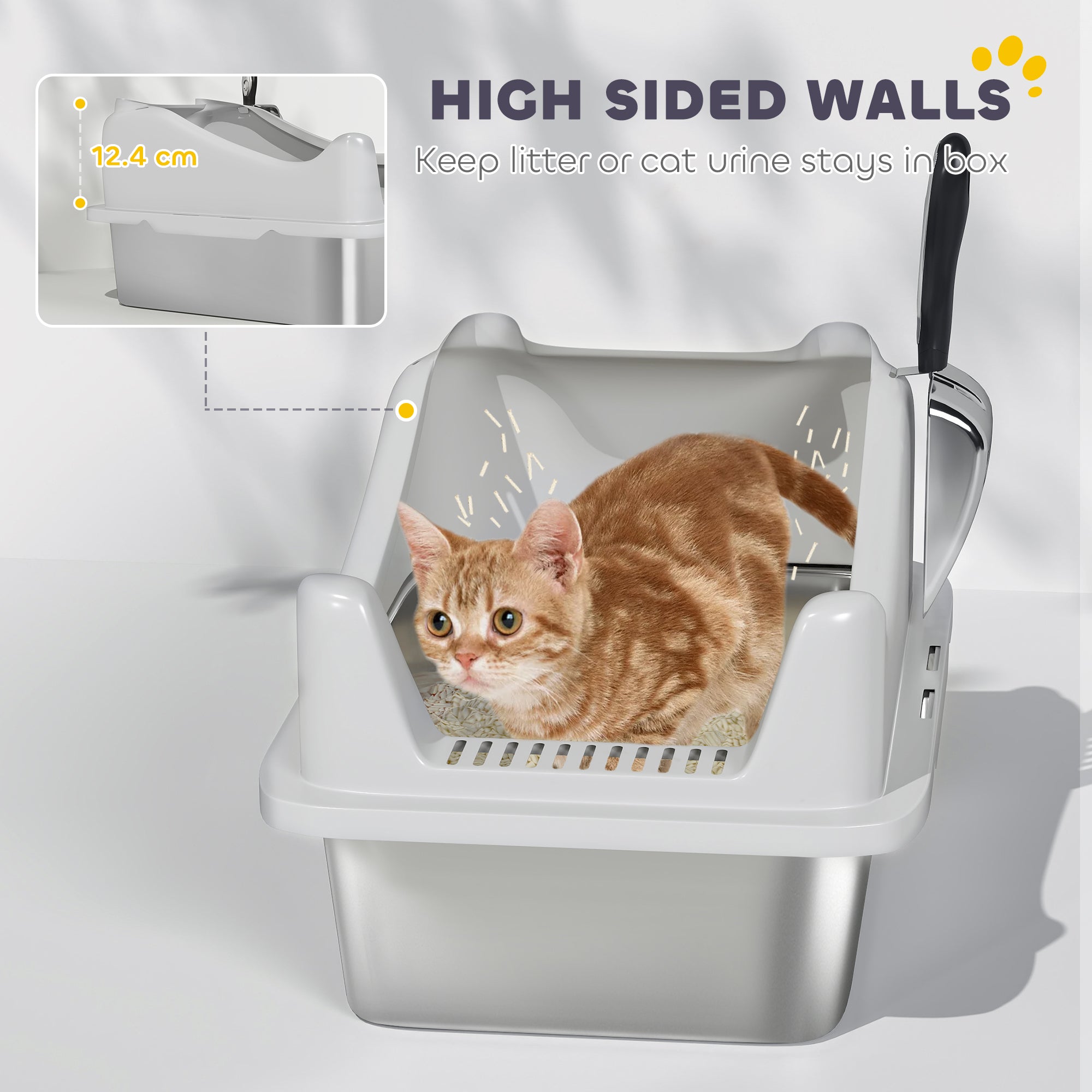 PawHut Stainless Steel Cat Litter Box with High Sides, Scoop, 43 x 33 x 25 cm