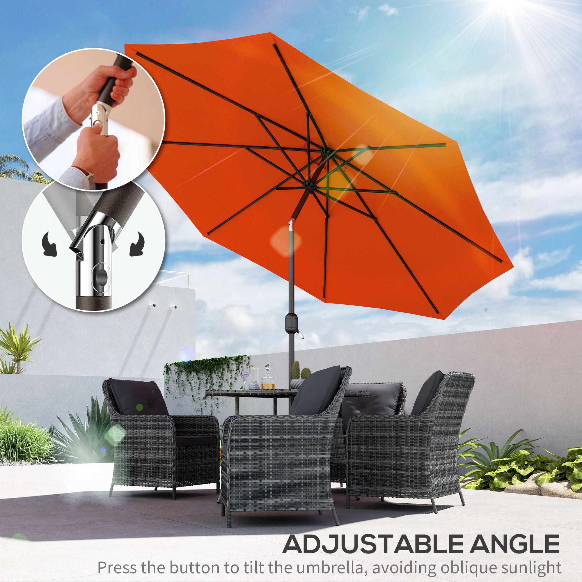 Outsunny 3(m) Garden Parasol Umbrellas, Outdoor Sun Shade with 8 Ribs, Tilt and Crank Handle for Balcony, Bench, Garden, Orange 