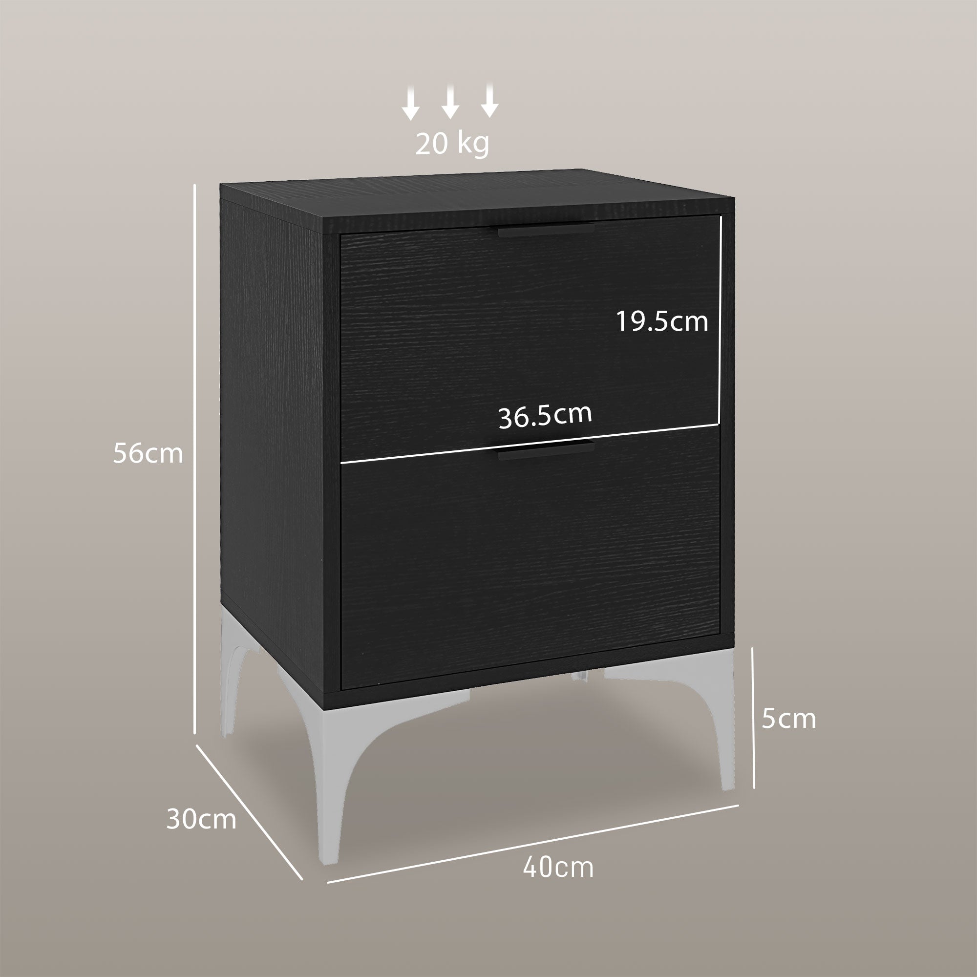 HOMCOM Set of Two Wood Effect Bedside Tables with Silver Steel Base, Black