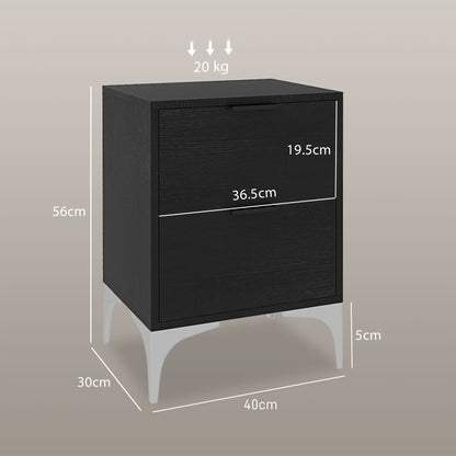 HOMCOM Set of Two Wood Effect Bedside Tables with Silver Steel Base, Black