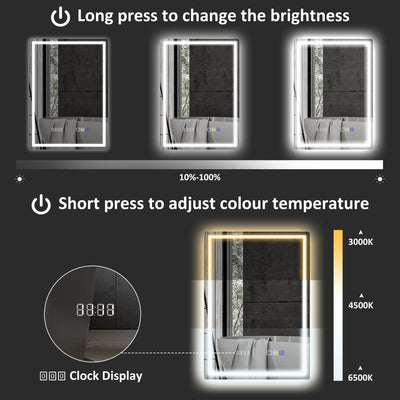 HOMCOM 50 x 70 cm Anti-Fog LED Bathroom Mirror, with Bluetooth and Clock - Silver Tone 