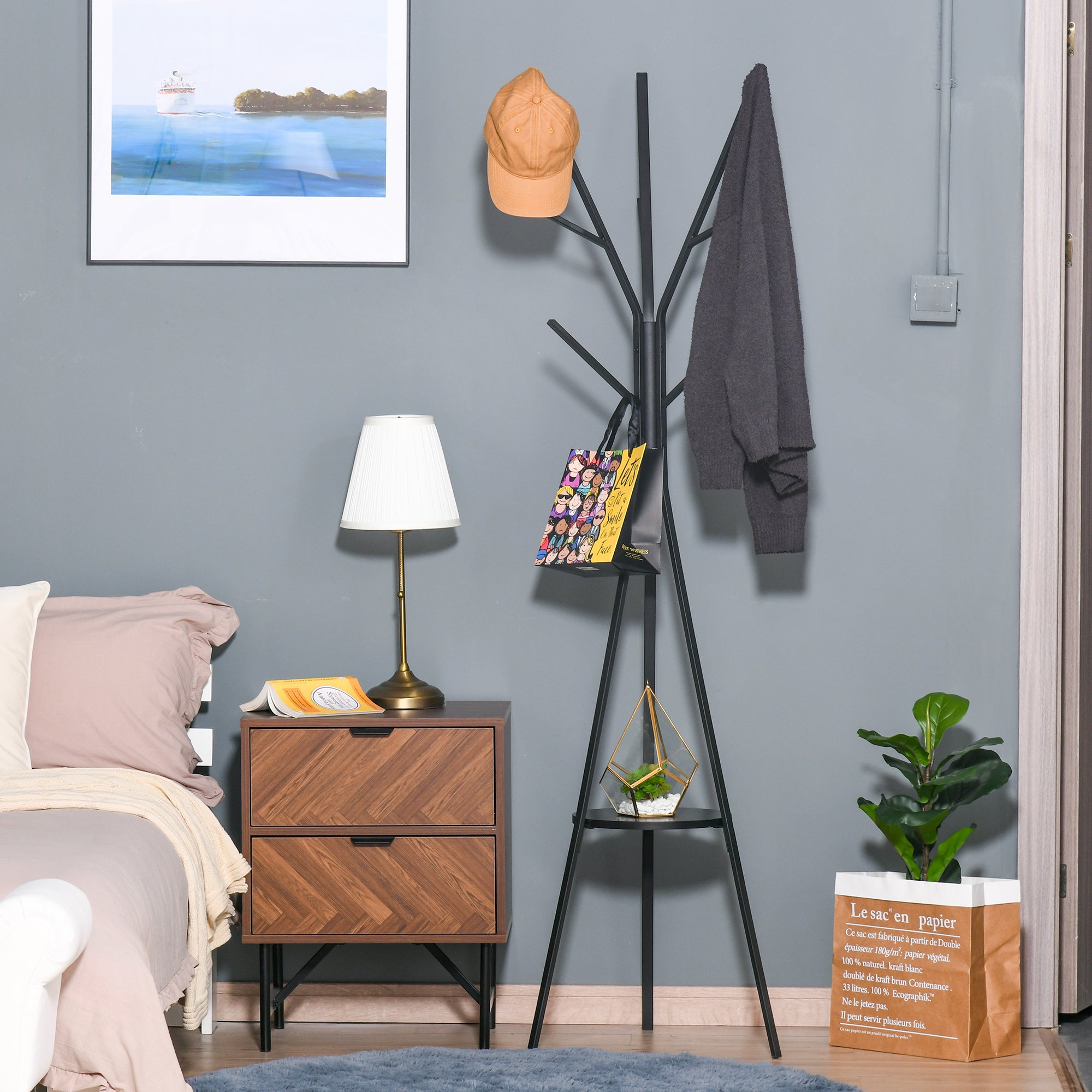 HOMCOM Freestanding Metal Coat Rack Stand 9 Hooks Clothes Tree with 1 Shelf Hat Display Hall Tree Hanger Bag Umbrella Hanging Organiser Black 
