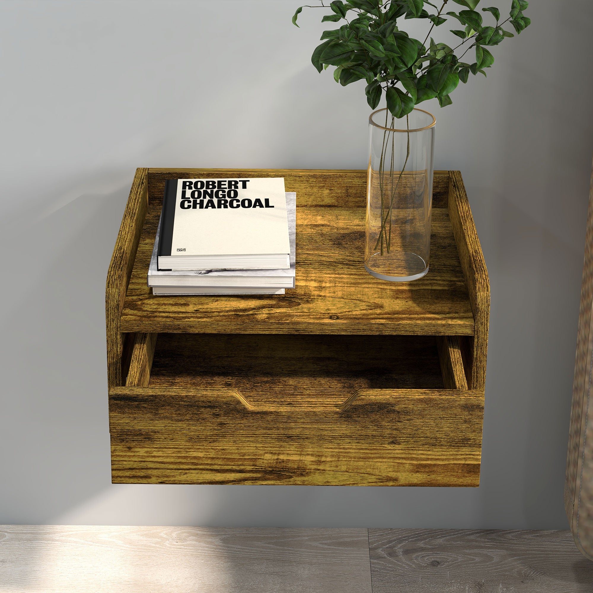 HOMCOM Floating Nightstand Set of 2 Wall Mounted Bedside Table with Storage Drawer for Bedroom, Rustic Brown 