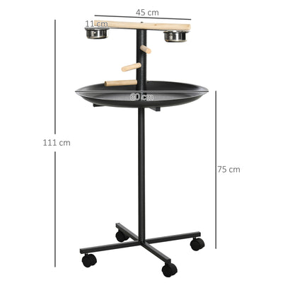 PawHut Metal Bird Table Play Stand, Bird Feeder Station Parrot Perch with Four Wheels Feeding Bowls Round Tray 