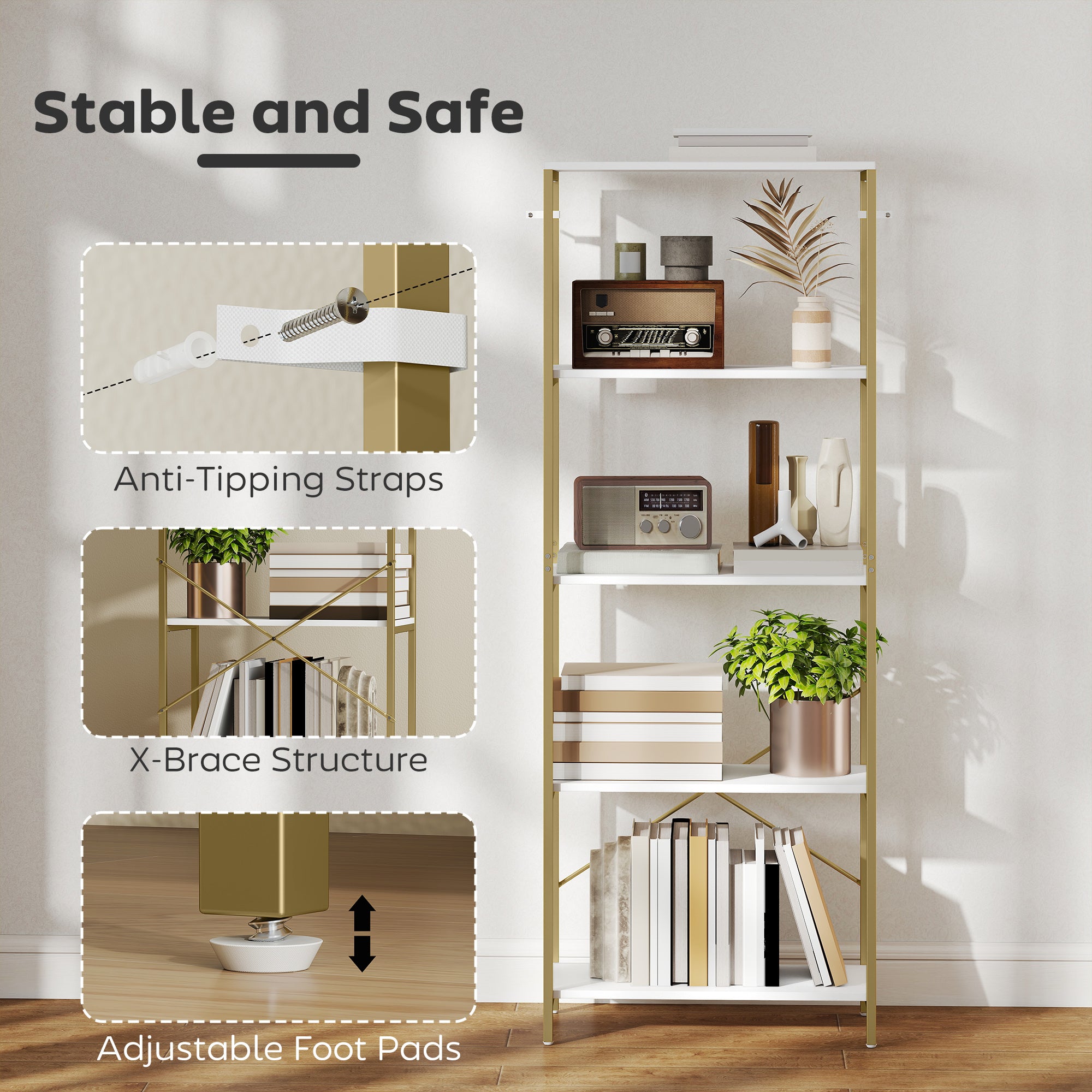 HOMCOM 5-Tier Bookshelf, Modern Bookcase with Metal Frame - White and Gold Tone 