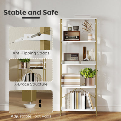 HOMCOM 5-Tier Bookshelf, Modern Bookcase with Metal Frame - White and Gold Tone 