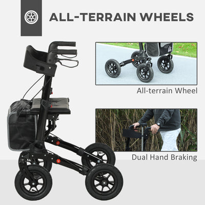 HOMCOM Folding Rollator Walker with Padded Seat, Backrest, Lightweight Walking Frame with Storage Bag, Dual Brakes, All-terrain Wheels, Adjustable Handle Height, 4 Wheeled Walker for Seniors, Black 