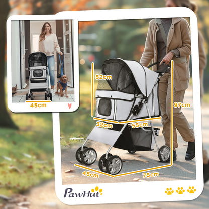PawHut Pet Stroller for Small Miniature Dogs Cats Foldable Travel Carriage with Wheels Zipper Entry Cup Holder Storage Basket Grey 