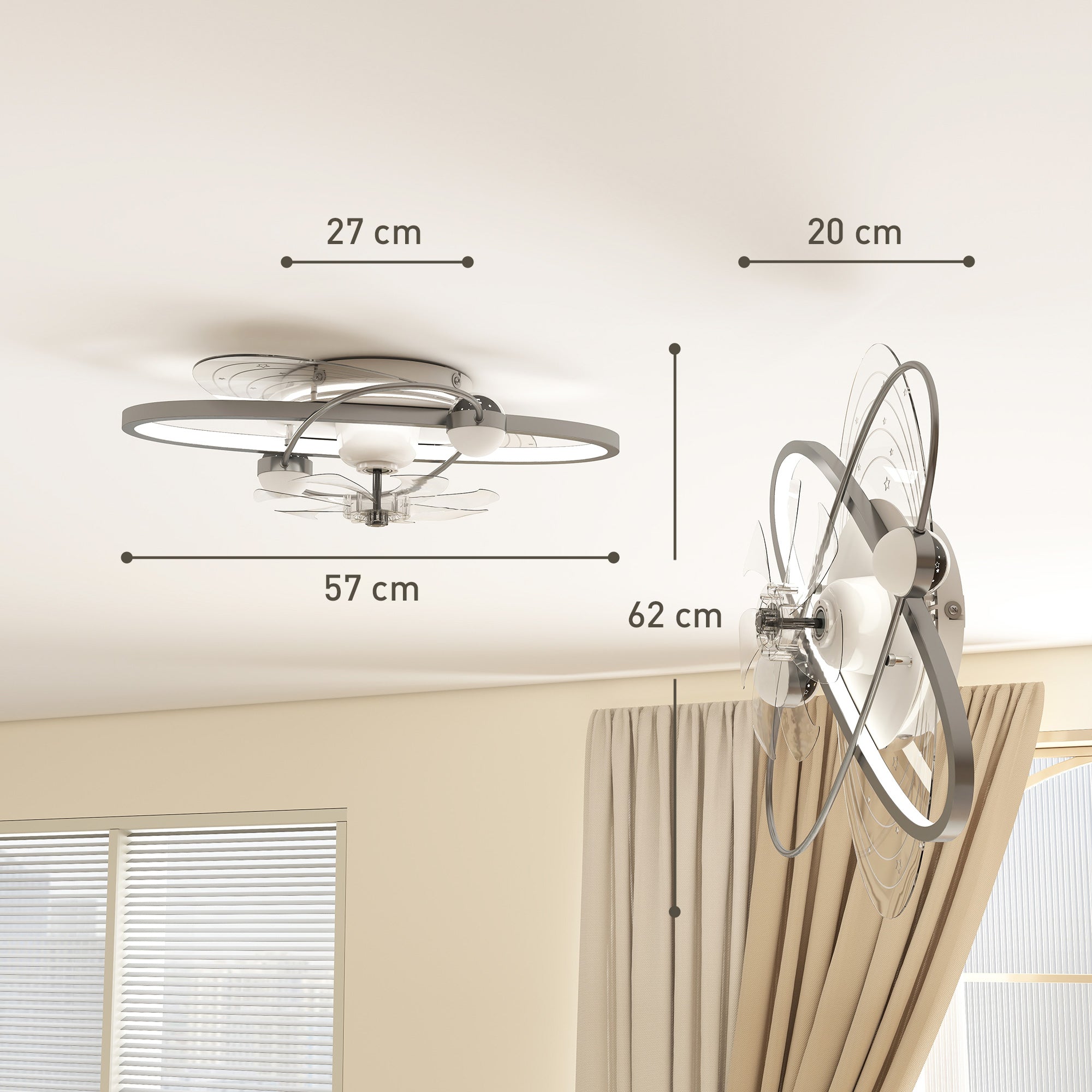 HOMCOM Ceiling Fan with Light and Remote, 3 Colour Temperatures, LED Mount Ceiling Fan Light for Bedroom, Silver Tone 
