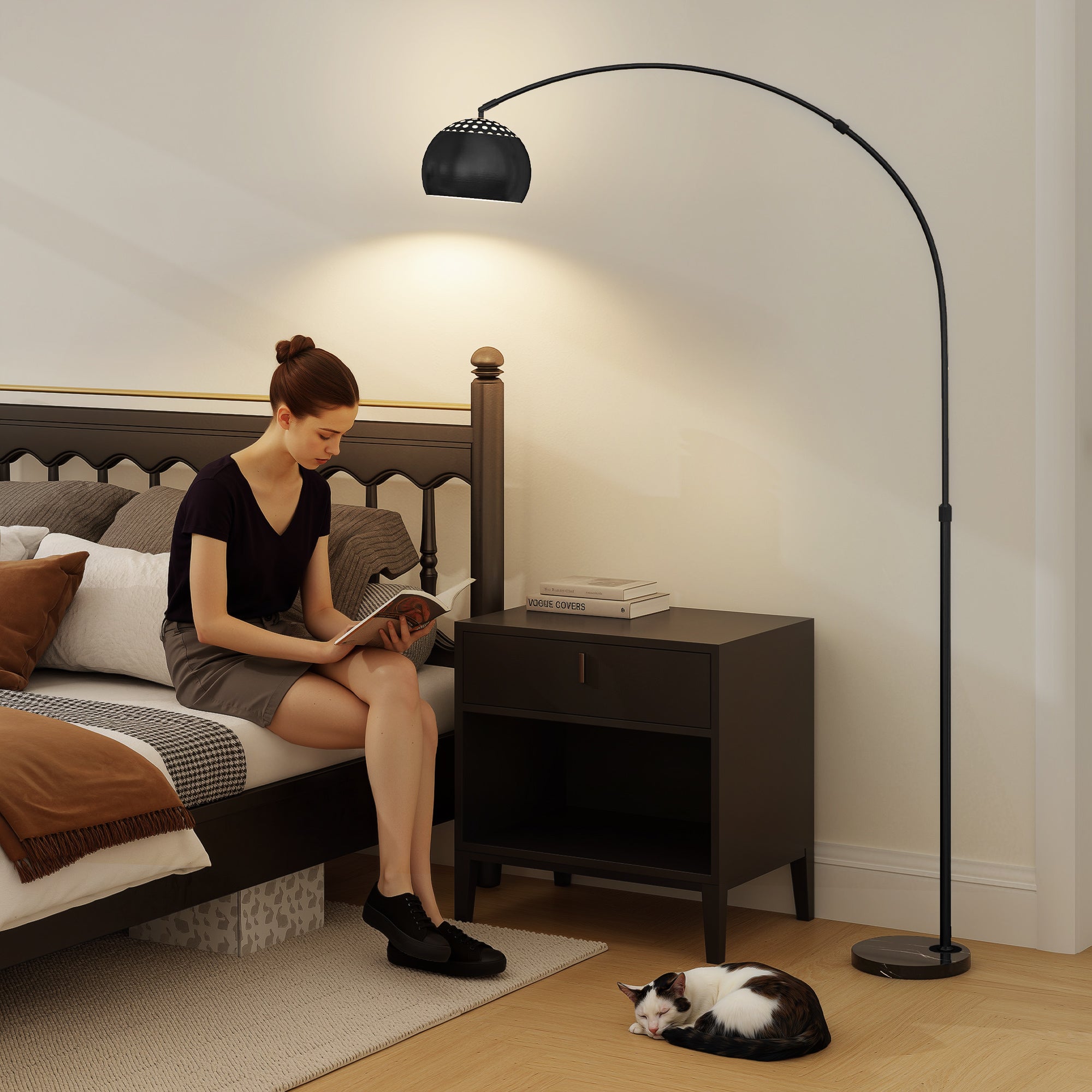 HOMCOM Arc Floor Lamp for Living Room, Modern Adjustable Standing Lamp with Faux Black Marble Base Black 