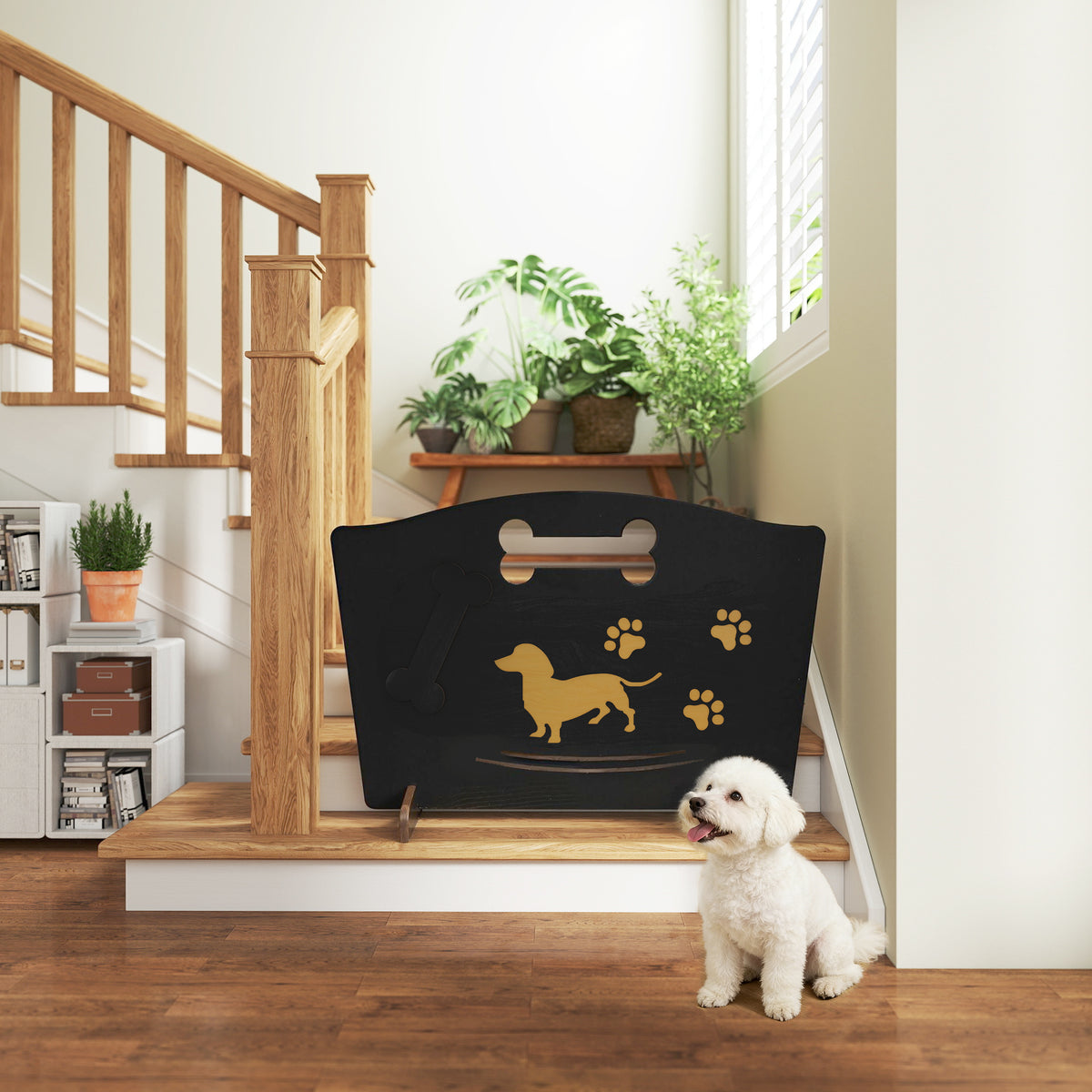 PawHut Wooden Dog Stopper, Dog Barrier with Support Feet, for Stair, Patio, Very Easy Setup, Black, 75 x 51 cm 