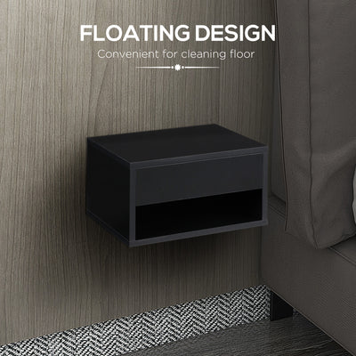 HOMCOM 2 Pieces Bedside Table Wall Mounted Nightstand with Drawer and Shelf for Bedroom, 37 x 32 x 21cm, High Gloss Black 