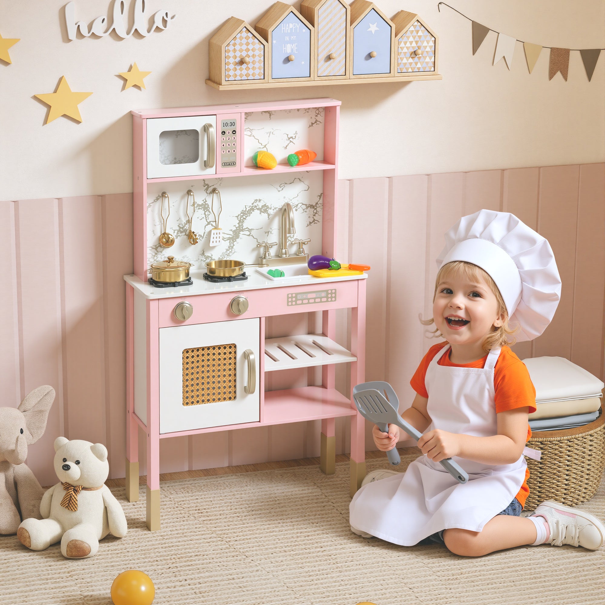 AIYAPLAY Kitchen Playset with Pretend Play Cooking Accessories, Play Kitchen with Oven, Microwave and Sink, Pink 