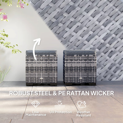 Outsunny Set of 2 Rattan Storage Ottoman, Outdoor Footstool with Removable Cushions, Garden Storage Seat for Balcony, Poolside, Living Room, Dark Grey 
