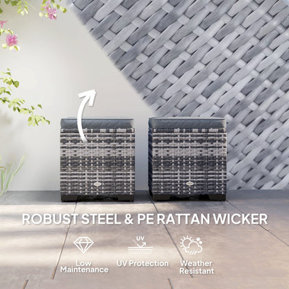 Outsunny Set of 2 Rattan Storage Ottoman, Outdoor Footstool with Removable Cushions, Garden Storage Seat for Balcony, Poolside, Living Room, Dark Grey 