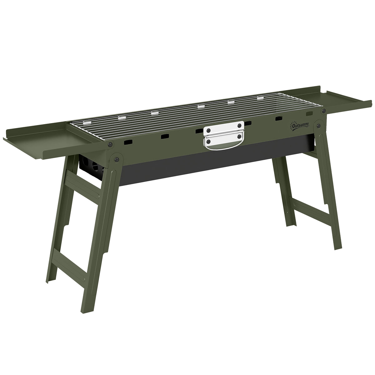 Outsunny Portable BBQ Grill, Foldable Charcoal Grill for Camping and Picnics with 2 Side Shelves and Handle, Green 