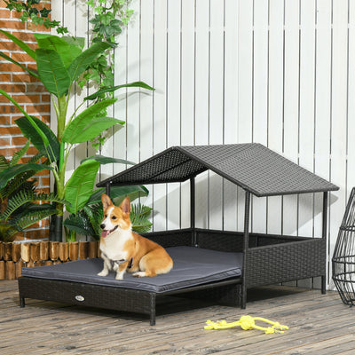 PawHut Extendable Elevated Dog Bed, Rattan Dog House w/ Water-Resistant Roof, Removable Cushion - Grey 