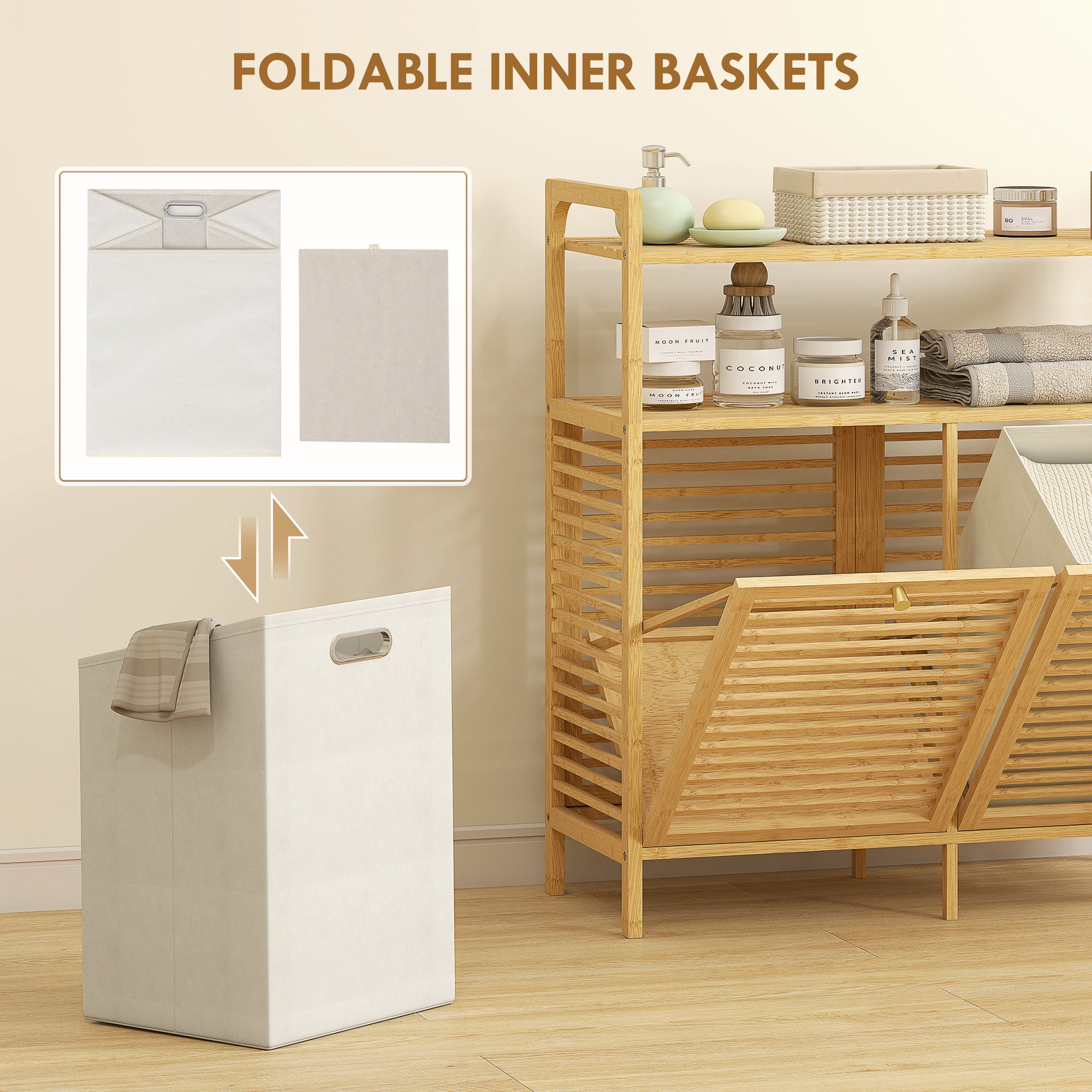 HOMCOM Double Tilt Out Bamboo Laundry Cabinet, Freestanding Bathroom Cabinet with 2 Removable Baskets, Natural 