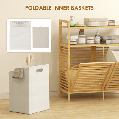 HOMCOM Double Tilt Out Bamboo Laundry Cabinet, Freestanding Bathroom Cabinet with 2 Removable Baskets, Natural 
