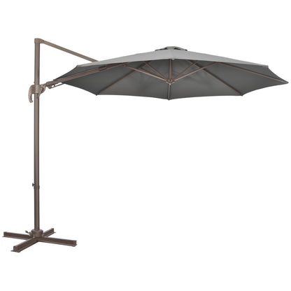 Outsunny 3(m) Cantilever Parasol 360\'c2\'b0 Rotation Roma Umbrella Hanging Sun Shade with Aluminium Frame, Tilt Crank, 8 Ribs and Cross Base, Dark Grey
