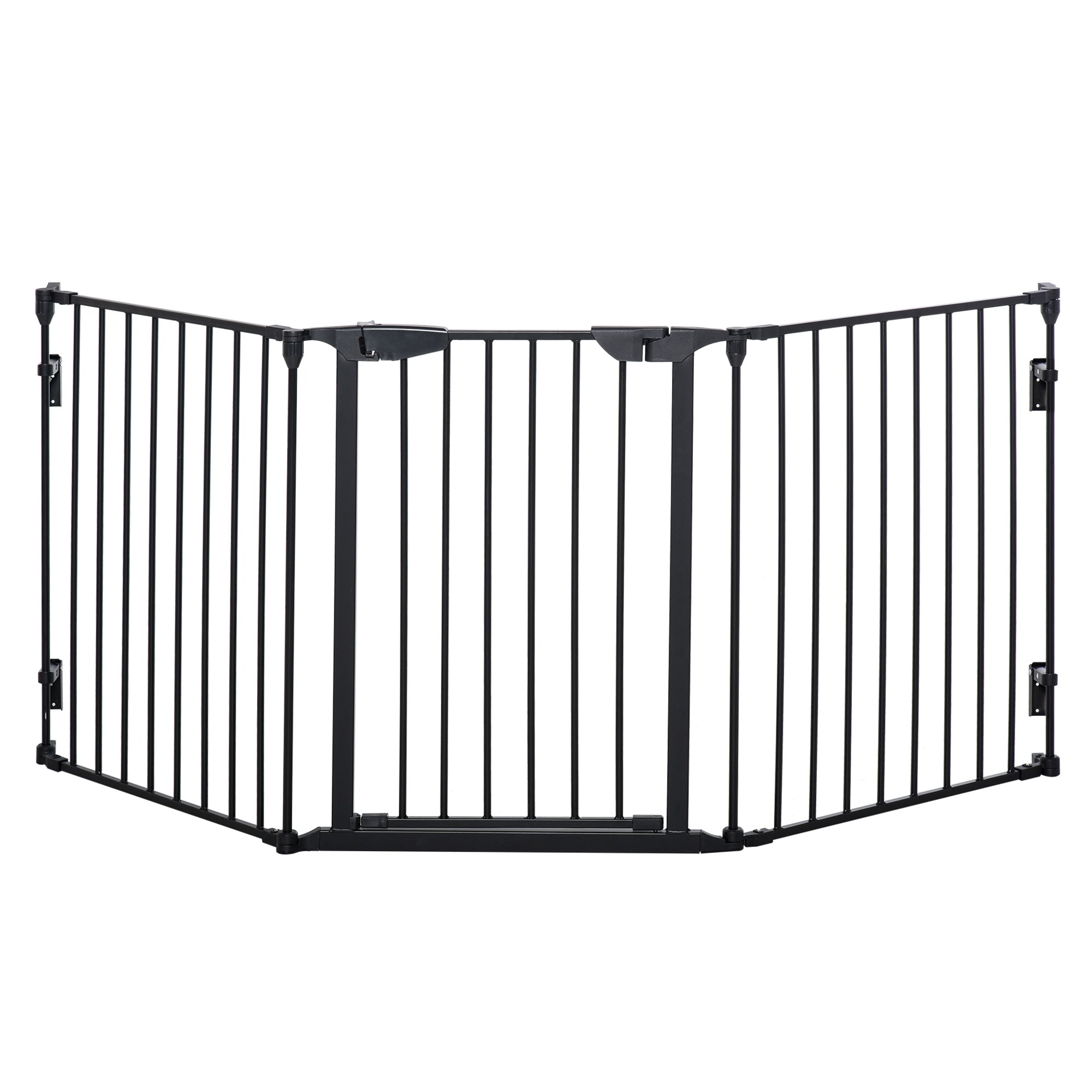 PawHut Pet Safety Gate, 3 Panels Playpen Fireplace, Metal Fence, Stair Barrier, Room Divider w/ Walk-Through Door - Black 