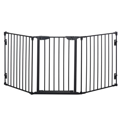 PawHut Pet Safety Gate, 3 Panels Playpen Fireplace, Metal Fence, Stair Barrier, Room Divider w/ Walk-Through Door - Black 